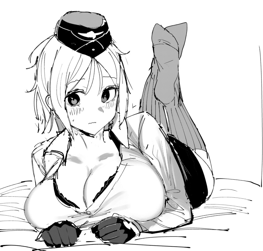 1girls akitaka_takaaki black_bra blush bra bra_peek breast_rest breasts closed_mouth feet female full_body garrison_cap girls'_frontline gloves greyscale half_gloves hat highres large_breasts looking_at_viewer lying monochrome mp40_(girls'_frontline) on_stomach open_clothes open_shirt partially_unbuttoned short_hair sketch skirt socks soles solo striped striped_legwear sweatdrop the_pose underwear vertical-striped_legwear vertical_stripes