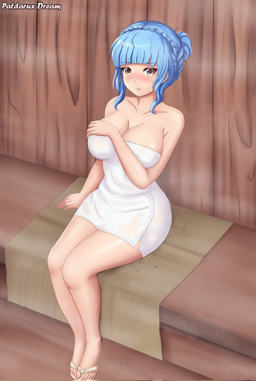 1girls alternate_hairstyle bangs bare_legs blue_hair breasts brown_eyes cleavage female female_only fire_emblem fire_emblem:_three_houses indoors large_breasts light_blue_hair marianne_von_edmund naked_towel nintendo patdarux sauna short_hair sitting solo steam tied_hair towel