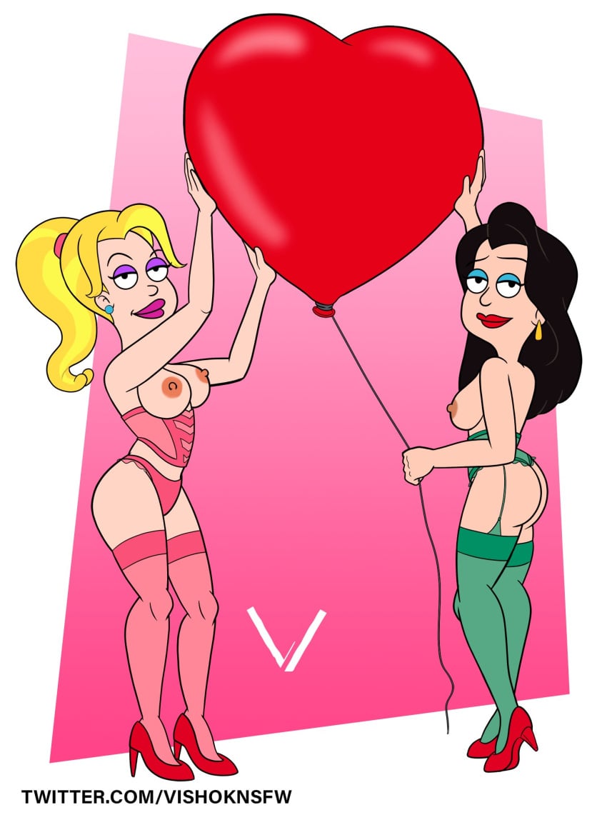 2girls american_dad black_eyes black_hair blonde_hair breasts daughter duo eyelashes female_only francine_smith half-closed_eyes hayley_smith heart high_heels holidays lips long_hair makeup milf mother mother_and_daughter multiple_girls partially_clothed ponytail signature smile valentine's_day vishoknsfw