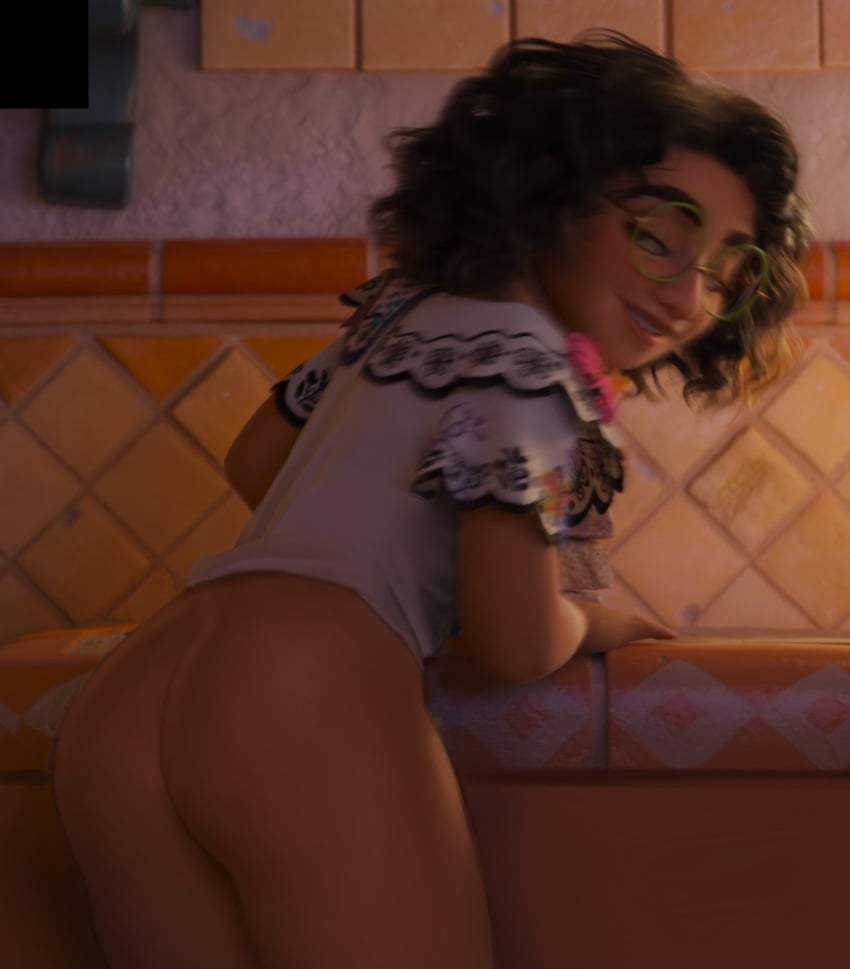 1girls aged_up ass bottomless curly_hair dark-skinned_female disney edit encanto female female_only lacryboy latina looking_back melanpsycholia mirabel_madrigal no_panties no_skirt screenshot_edit seductive seductive_smile