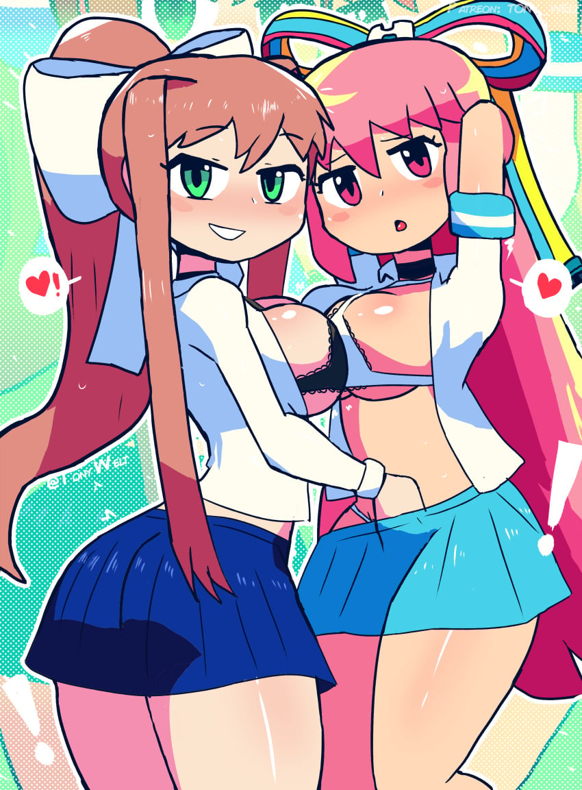 2girls big_breasts blush bra breast_to_breast breasts brown_hair crossover doki_doki_literature_club eye_contact female female_only giffany gravity_falls green_eyes hair_ribbon long_hair looking_at_viewer monika_(doki_doki_literature_club) pink_eyes pink_hair ponytail school_uniform schoolgirl skirt smile spoken_heart standing straight_hair thick_thighs thong tony_welt trait_connection