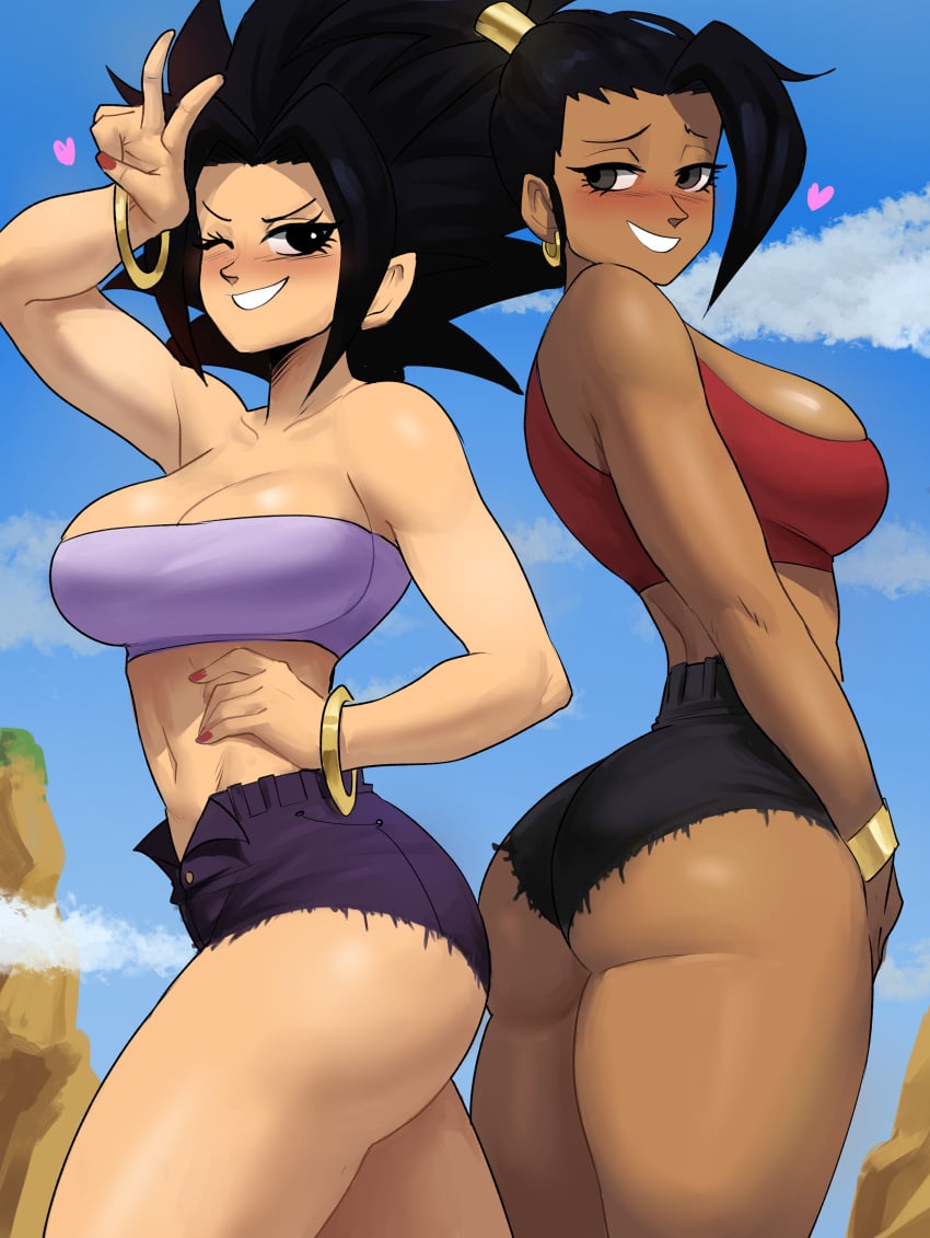 2022 2girls adult_swim ass ass_focus ass_shot back back_view big_ass big_breasts black_hair blush booty_shorts breasts brown_skin bubble_butt caulifla clothed clothed_female dragon_ball dragon_ball_super echosaber female female_only female_saiyan hi_res high_ponytail huge_ass huge_breasts kale looking_at_viewer outdoors ponytail saiyan short_shorts shorts spiky_hair tan-skinned_female tan_skin thick_thighs thighs toonami tubetop universe_6 universe_6_girls v v_sign very_high_resolution wink