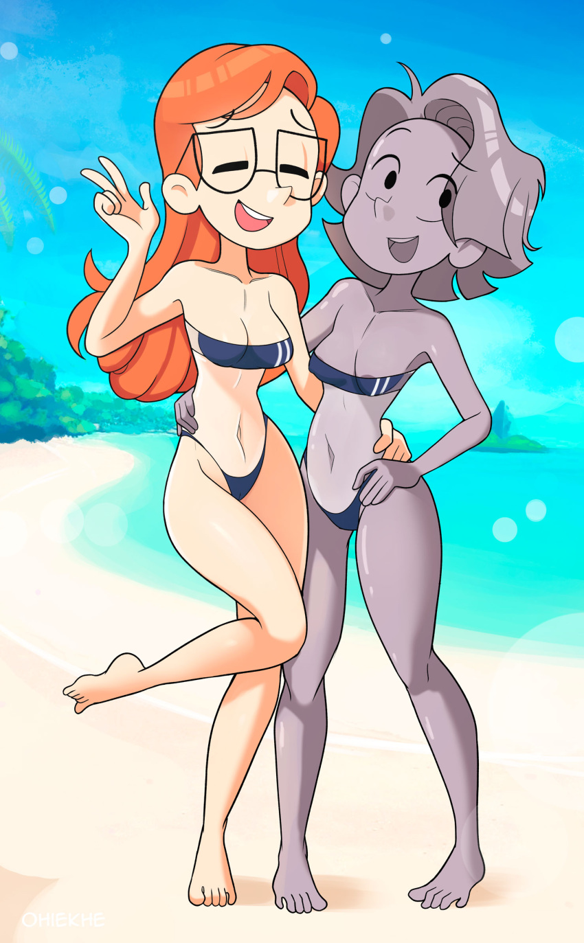 2girls areola_slip areolae artist_name artist_signature barefoot beach bikini cartoon_network closed_eyes feet hi_res infinity_train lake_(infinity_train) metal metal_breasts metal_hair metal_skin metallic_body multiple_girls navel ocean ohiekhe sand silver_eyes silver_hair silver_skin smile toes tulip_olsen water watermark