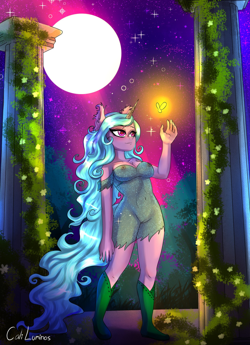 absurd_res anthro boots breasts caliluminos clothing dress elf equid equine female female_focus g5 hasbro hi_res horn horse izzy_moonbow_(mlp) jpg mammal mlp_g5 my_little_pony netflix nude pony solo standing unicorn