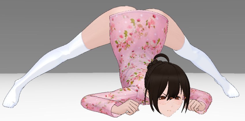 1girls bent_over dark_brown_hair female flower_print jack-o_pose luna_moo_(sarahf) orange_glasses pajama_shirt pink_shirt sarah21sugardust self_insert spread_legs white_stockings