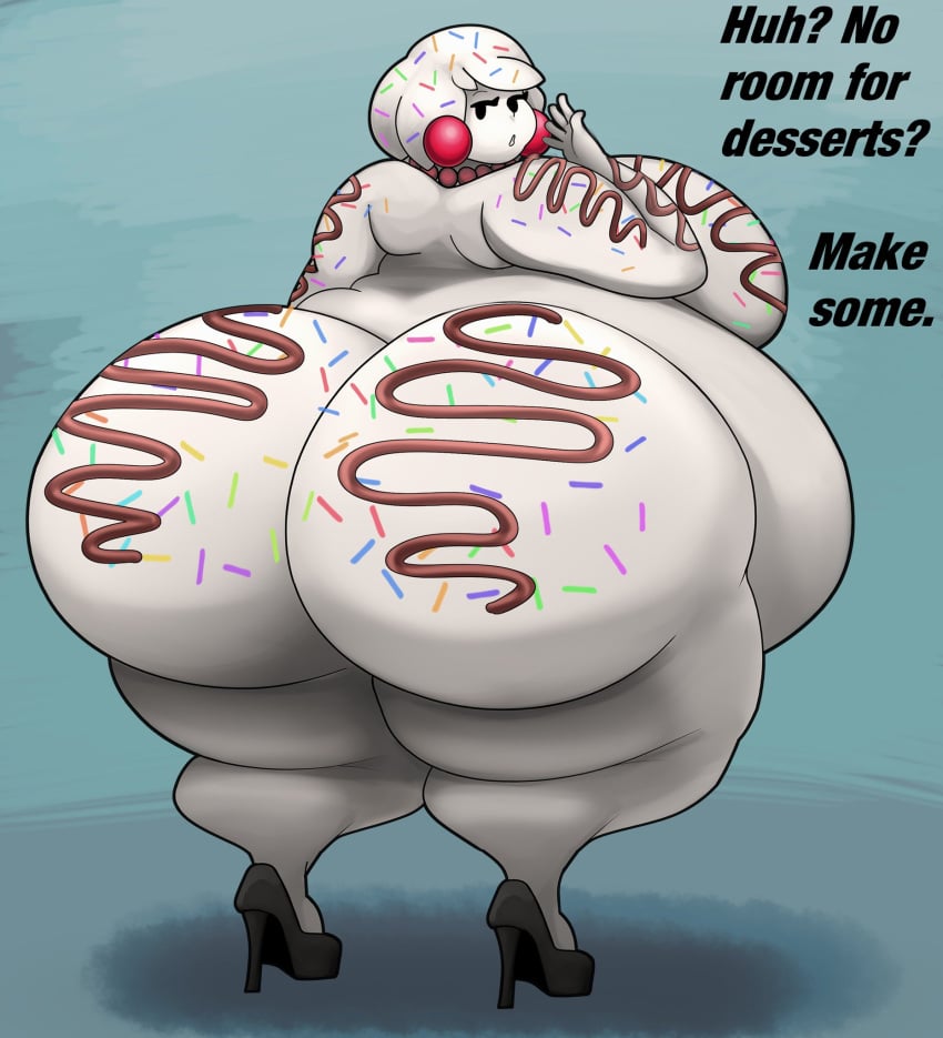 1girls ass bbw big_ass big_belly big_breasts black_high_heels cake chocolate dat_ass dialogue doodlewill earrings fat fat_ass female female_only food_creature food_humanoid gigantic_ass heels high_heels huge_ass humanoid large_ass looking_back massive_ass milf necklace obese obese_female overweight overweight_female simple_background solo sprinkles ssbbw thick_ass thick_thighs white_body