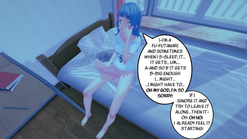 1futa 3d balls blue_hair bottomless clothed clothing comic crying embarrassed erection fat_cock futa_only futanari heterochromia huge_cock human jdelta light-skinned_futanari light_skin partially_clothed penis solo suki_chinbokki text