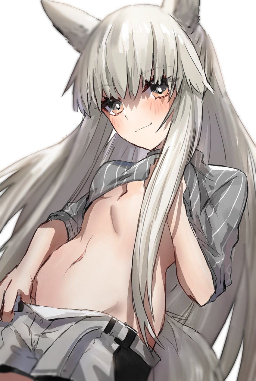 animal_ear_fluff animal_ears arknights blush closed_mouth clothes_pull female grey_shirt grey_shorts head_tilt highres horn/wood horse_ears horse_girl horse_tail long_hair midriff navel platinum_(arknights) platinum_blonde_hair raw_egg_lent shirt shirt_pull short_shorts shorts shorts_pull simple_background smile striped striped_shirt tail very_long_hair white_background yellow_eyes