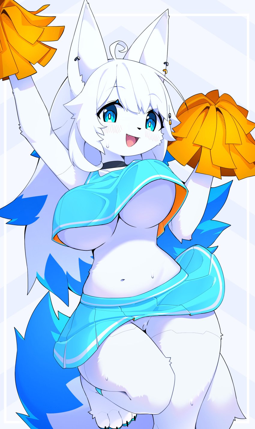 2023 anthro anthro_female bella_(devil-vox) bike_shorts blue_eyes blue_shirt blue_skirt blush breasts cheering cheerleader claws crop_top dev_voxy devil-vox ear_piercing edit female furry furry_female furry_only looking_at_viewer navel no_bra no_panties piercing pom_pom_(cheerleading) pussy shirt skirt sweat sweatdrop underboob white_fur white_hair