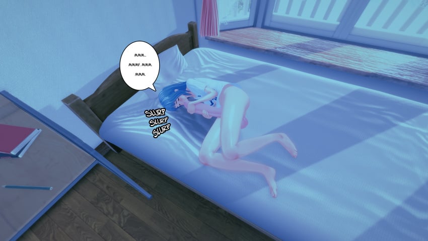 1futa 3d autofellatio balls blue_hair bottomless clothed clothing comic erection fat_cock futa_only futanari heterochromia huge_cock human jdelta laying_on_bed light-skinned_futanari light_skin moaning mostly_nude partially_clothed penis solo suki_chinbokki text