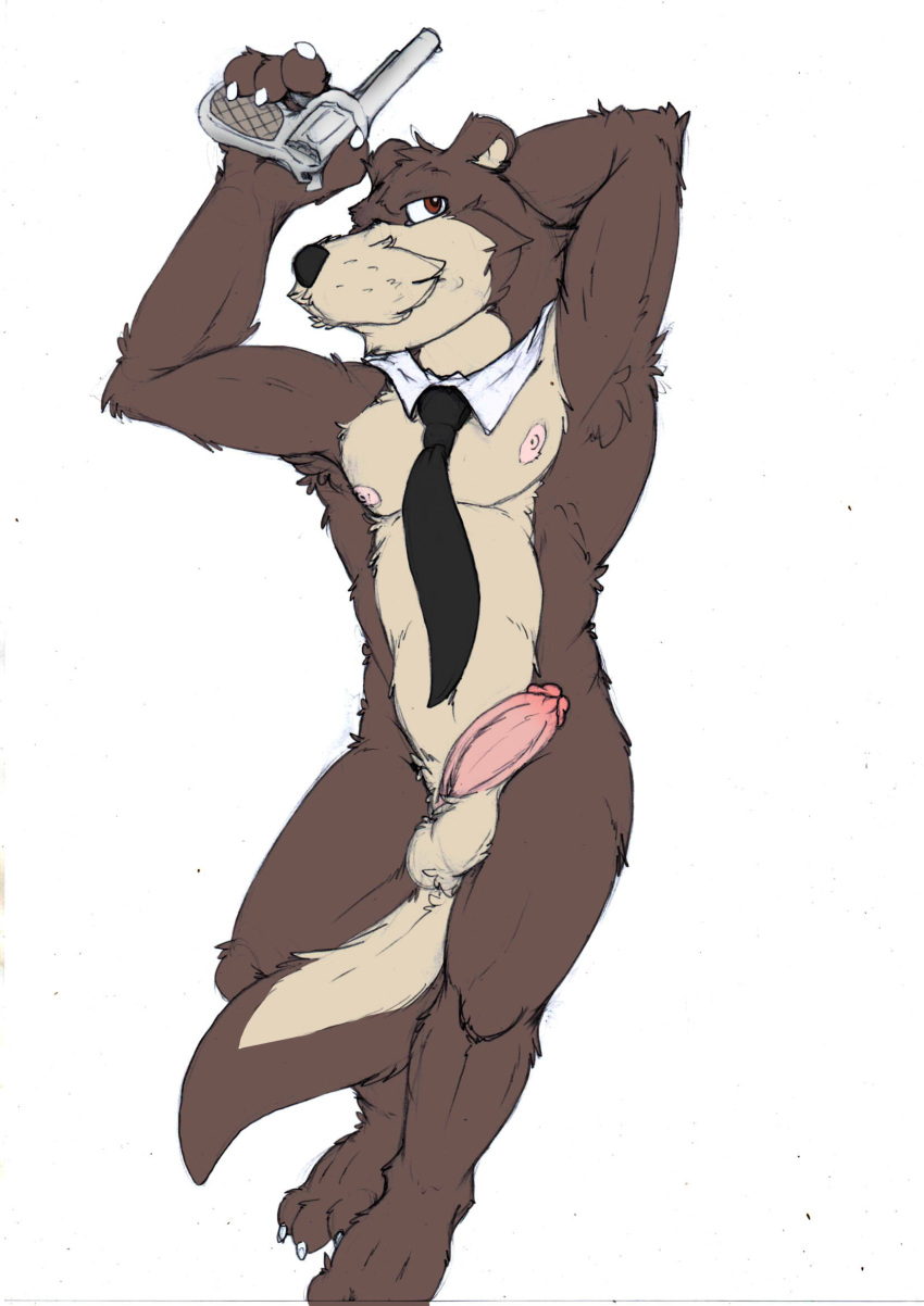 2022 anthro balls benson_(password) biped black_nose brown_body dakimakura_design erection genitals hi_res hopelesshighschool humanoid_genitalia humanoid_hands humanoid_penis lutrine male male_only mammal mature_male mostly_nude mustelid necktie necktie_only nipples password_(visual_novel) penis simple_background solo video_games visual_novel weapon white_background