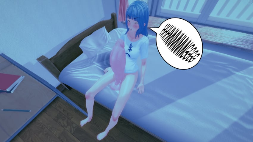 1futa 3d balls blue_hair bottomless clothed clothing comic crying embarrassed erection fat_cock futa_only futanari heterochromia huge_cock human jdelta light-skinned_futanari light_skin partially_clothed penis penis_expansion penis_growth solo suki_chinbokki text