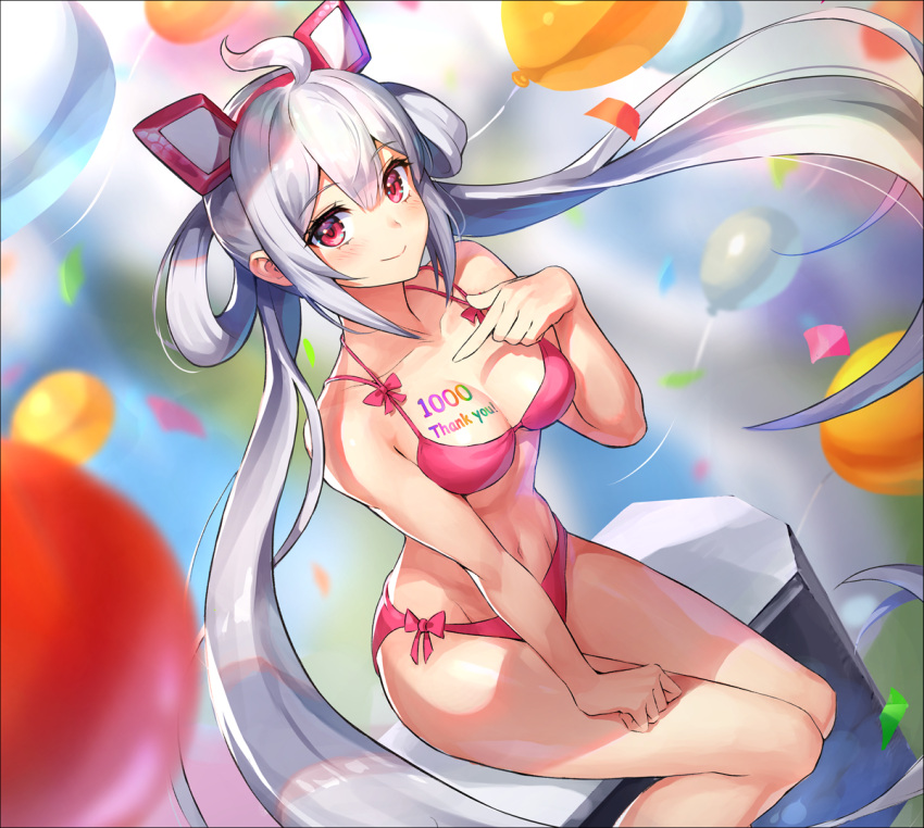 ahoge balloon bangs bikini blurry blurry_foreground blush bow bow_bikini breasts cleavage closed_mouth collarbone eyebrows_visible_through_hair female floating_hair groin hair_between_eyes hairband inari_kei long_hair looking_at_viewer matoi_(pso2) medium_breasts navel phantasy_star phantasy_star_online_2 pink_bikini pink_bow pink_hairband red_eyes shiny shiny_hair side-tie_bikini silver_hair sitting smile solo swimsuit very_long_hair