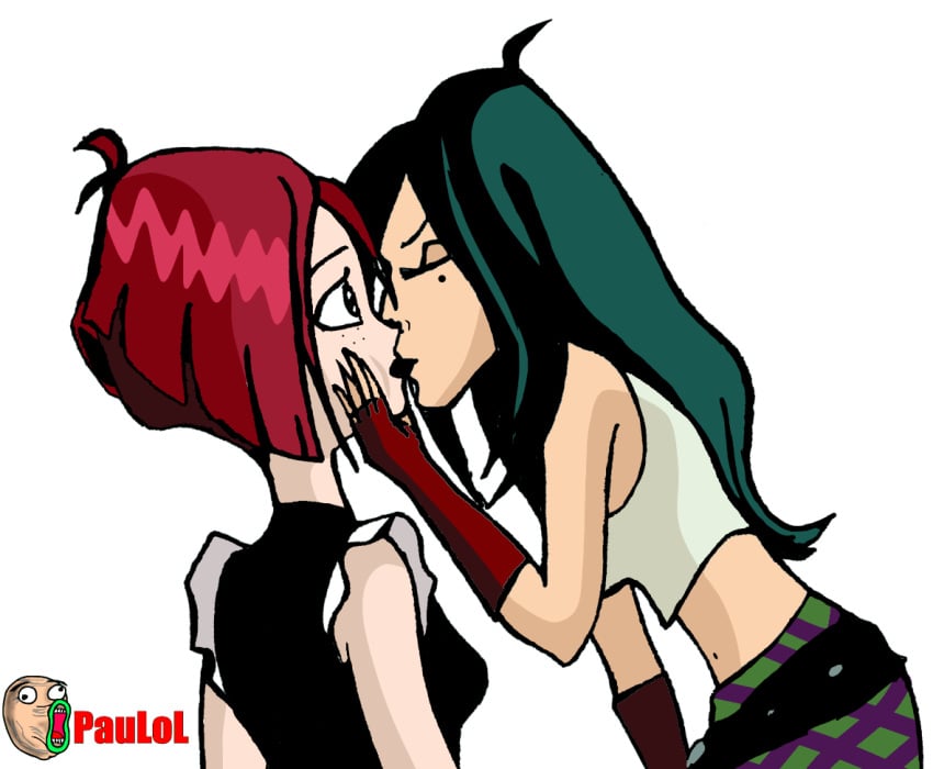 2girls closed_eyes female_only green_hair hand_on_thigh holding_face human kissing lesbian_kiss long_hair lucy_(winx_club) mirta_(winx_club) multiple_girls navel paulol red_hair short_hair surprised_expression white_background winx_club yuri