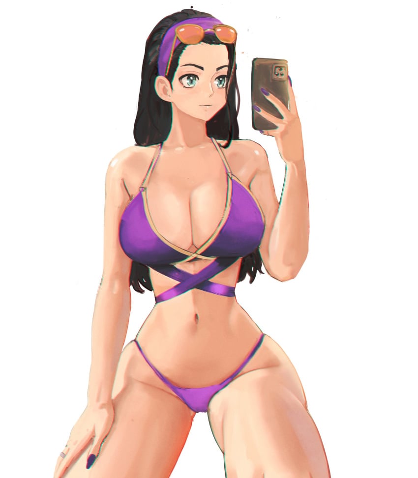 1girls big_breasts bikini black_hair blue_eyes breasts busty cleavage female female_only fit fit_female hairband long_hair nico_robin one_piece phone smartphone solo sunglasses_on_head taking_picture taking_selfie tefiblum thick_thighs thong voluptuous