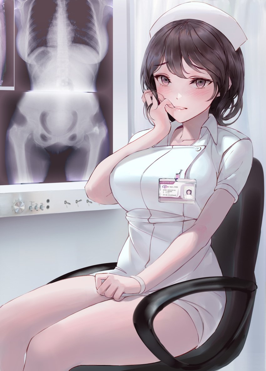 1girls absurdres bangs bare_legs big_breasts blush breasts brown_eyes brown_hair chowbie collared_dress dress eyelashes eyeliner female female_focus female_only hand_in_hair highres hospital id_card indoors large_breasts looking_at_viewer makeup nurse nurse_cap nurse_uniform office_chair original revision short_dress short_hair sitting solo solo_female straight_hair white_dress wristband x-ray_film