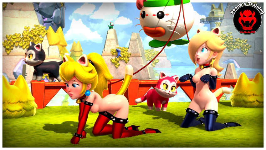 2girls 3d alternate_version_at_source annoyed bitch_taken_for_walk blonde_hair blue_eyes bondage bowser's_fury bowser_logo breasts cat_ears cat_peach cat_rosalina cat_tail catgirl collar elbow_gloves enemy_conversion enslaved_royal female femsub gloves happy_sub high_heels humiliation kitten_(mario) koopa_clown_car leash leashed mario_(series) multiple_girls multiple_subs naked_footwear naked_gloves naked_heels naked_stockings naked_thighhighs nintendo nude offscreen_character onmodel3d petplay princess princess_peach princess_rosalina self_upload sex_slave slave slavegirl spiked_collar stockings submissive_female super_mario_3d_world thighhighs