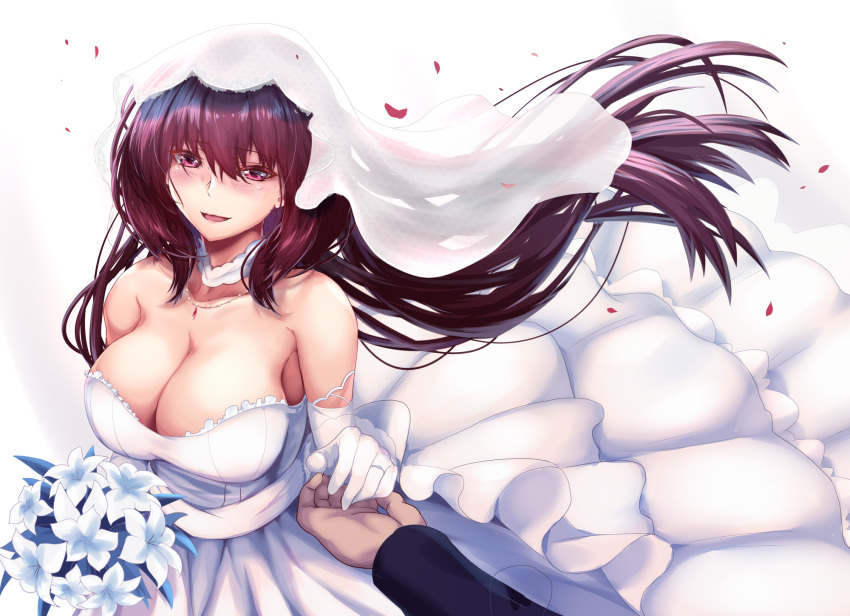 1boy 1girls bare_shoulders blush bouquet breasts bridal_gauntlets bridal_veil bride cleavage dress elbow_gloves fate/grand_order fate_(series) female female_focus fujimaru_ritsuka_(male) gloves highres jewelry large_breasts long_hair looking_at_viewer purple_hair red_eyes rose_petals saboten_teishoku scathach_(fate) smile very_long_hair wedding wedding_dress wedding_ring white_background white_dress white_gloves