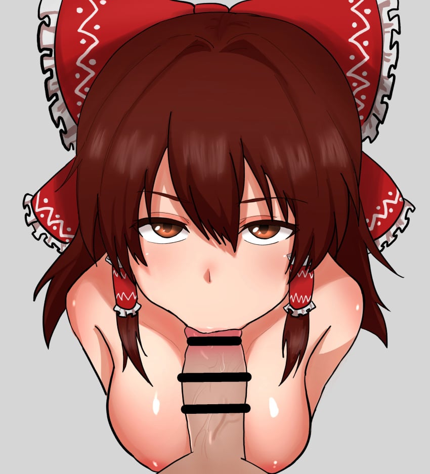 1boy absurdres bangs bar_censor bow breasts brown_eyes brown_hair censored completely_nude eyebrows_visible_through_hair fellatio female frilled_bow frilled_hair_tubes frills from_above grey_background hair_between_eyes hair_tubes hairbow highres large_breasts light_blush long_hair looking_at_viewer nipples nude oral penis pov red_bow reimu_hakurei sidelocks simple_background solo_focus straight touhou upturned_eyes vanishingknife