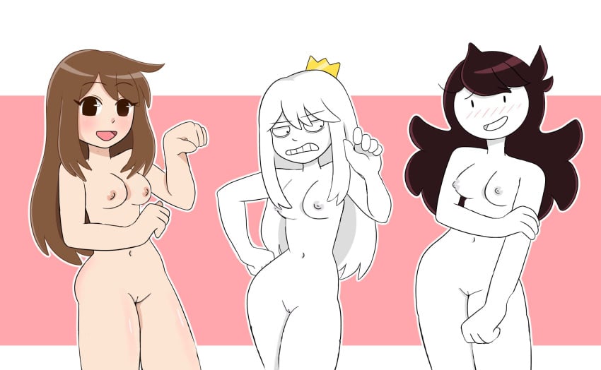 3girls blush curvy curvy_figure edit edited embarrassed emirichu female female_only fit fit_female hourglass_figure jaiden jaiden_animations latex_thighhighs looking_at_viewer medium_breasts multiple_girls naked nipples no_panties nude pussy tabbes tagme thick_thighs thrumbo youtube youtuber