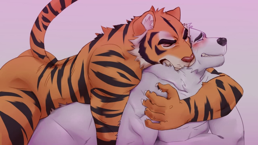 2boys anthro ass beastsauc3 bite black_body black_fur black_nose canid canine canis claws closed_eyes fangs felid fur gay ing_bite male male/male male_only mammal orange_body orange_fur pantherine sex simple_background tiger white_body white_fur wolf yaoi