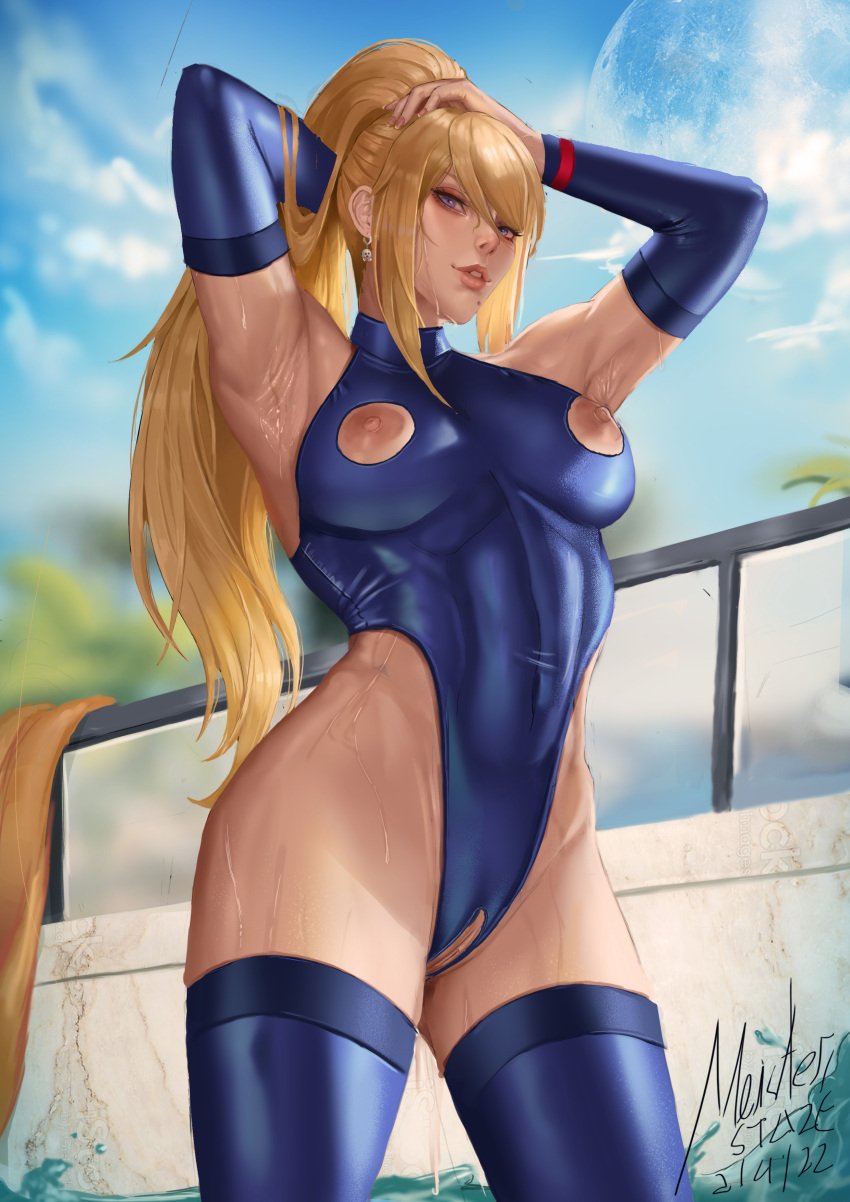 armpits high_leg_swimsuit leotard meister_staze metroid nipples one-piece_swimsuit samus_aran swimsuit thighhighs tomboy wet wet_clothes