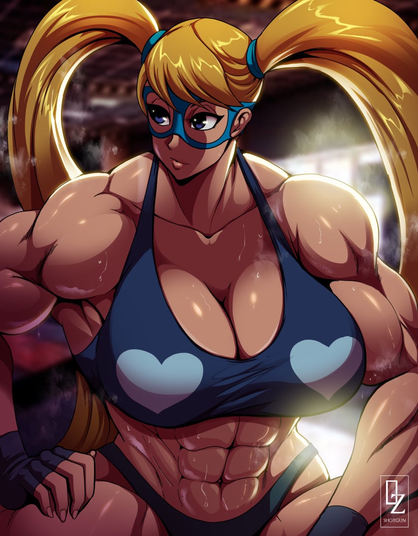 abs bare_shoulders blonde_hair blue_eyes breasts busty capcom cleavage female fingerless_gloves gloves large_breasts long_hair mask muscles muscular muscular_female osmar-shotgun rainbow_mika solo street_fighter sweat thong twintails