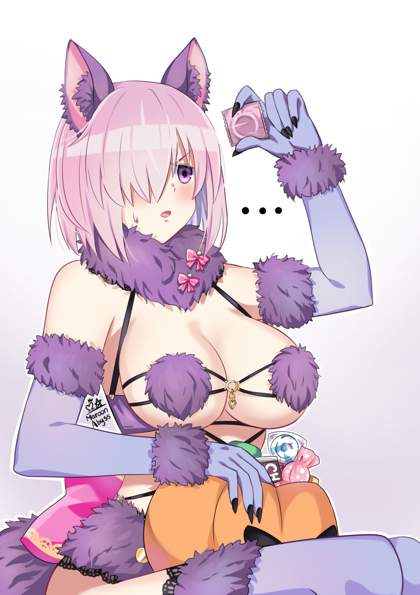 >:o ... 1girls 2021 absurd_res animal_ear_fluff animal_ears artist_name basket blush breasts candy cleavage clothing collar condom condom_wrapper elbow_gloves fake_animal_ears fake_tail fate/grand_order fate_(series) female female_only food fur-trimmed_gloves fur-trimmed_legwear fur_collar fur_trim gloves gradient_background grey_background hair_over_one_eye halloween halloween_costume highres holding_condom jack-o'-lantern jewelry large_breasts looking_at_object maroonabyss mash_kyrielight mash_kyrielight_(dangerous_beast) matching_hair/eyes o-ring o-ring_top open_mouth purple_clothing purple_eyes purple_gloves purple_hair revealing_clothes signature simple_background sitting solo sweat sweatdrop tail thighhighs thighs tongue wolf_ears wolf_girl wolf_tail