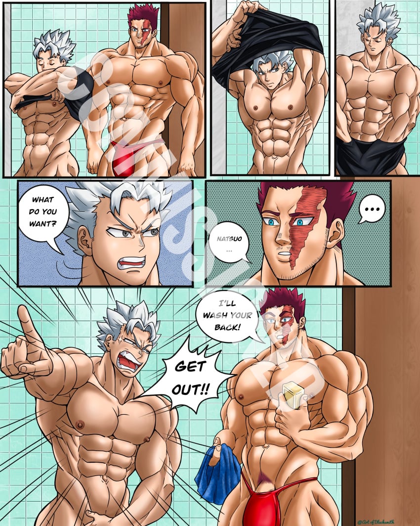 2boys abs absurd_res angry artofblacksmith bathroom bodybuilder color comic commission covering dialogue dilf endeavor_(my_hero_academia) enji_todoroki father_and_son funny high_resolution highres humor implied_yaoi male male/male male_nipples male_only muscle muscles muscular muscular_male my_hero_academia natsuo_todoroki nipples partially_clothed partially_nude pecs red_hair scar todoroki_enji todoroki_natsuo towel undressing white_hair yaoi