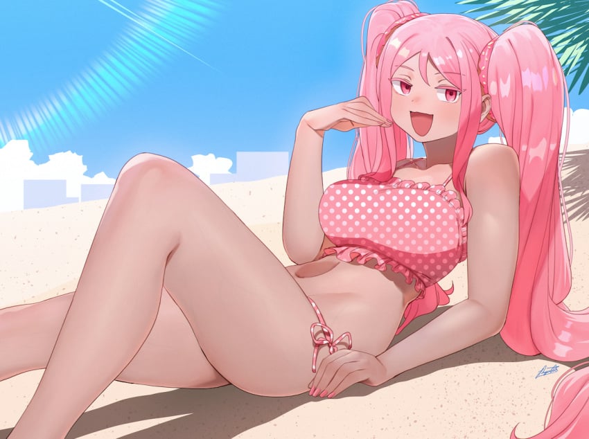 1girls beach big_breasts bikini bikini_bottom bikini_top blush breasts brown_skin female female_only legs omori pink_eyes pink_hair ryusei_hashida smug sweetheart_(omori) twintails