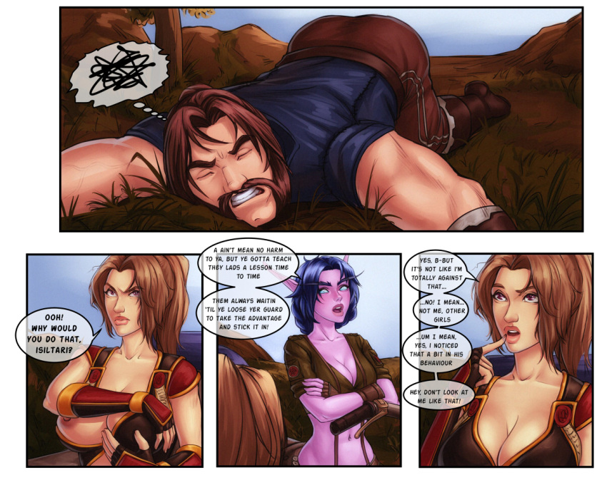 1boy 2girls blizzard_entertainment comic female human human_(world_of_warcraft) human_male isiltari light-skinned_female light-skinned_male light_skin male night_elf nipples original_character personalami purple_skin therana warcraft wesgar white_skin world_of_warcraft