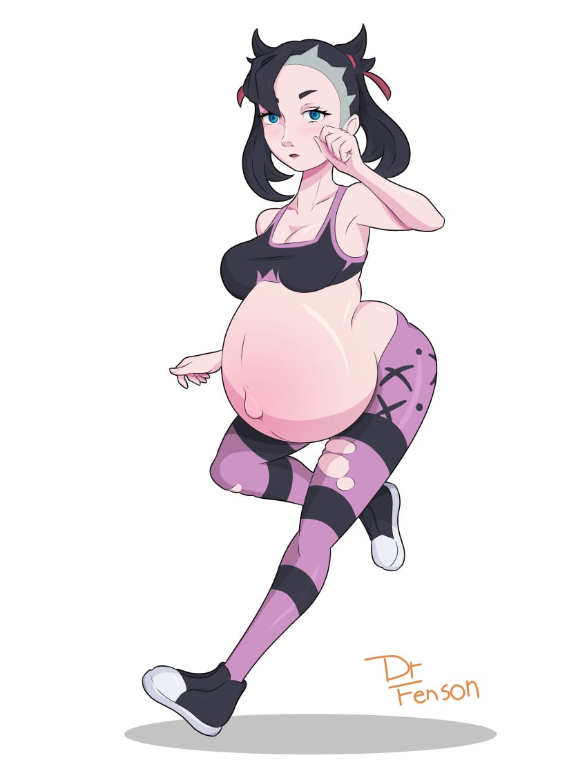 belly black_hair blue_eyes dr_fenson gym_clothes gym_leader huge_belly leggings marnie_(pokemon) pinup pokegirl pokemon pokemon_ss pregnant ready_to_pop sports_bra sportswear white_skin