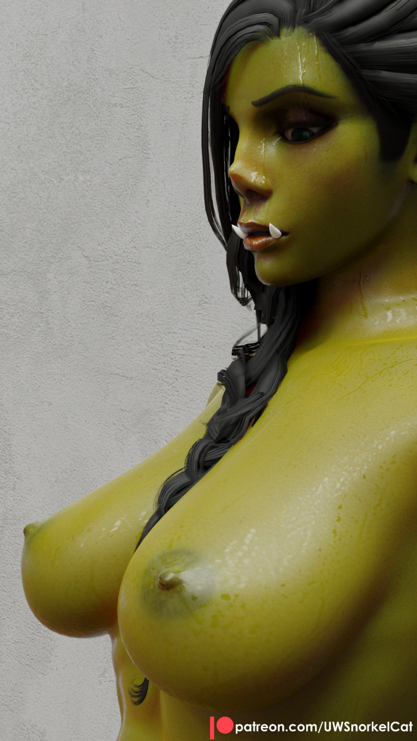 3d black_hair blood bloody_nose bora_ugrum breasts fantasy female femsub green_skin implied_bondage large_breasts nude orc_female slave slavegirl uwsnorkelcat