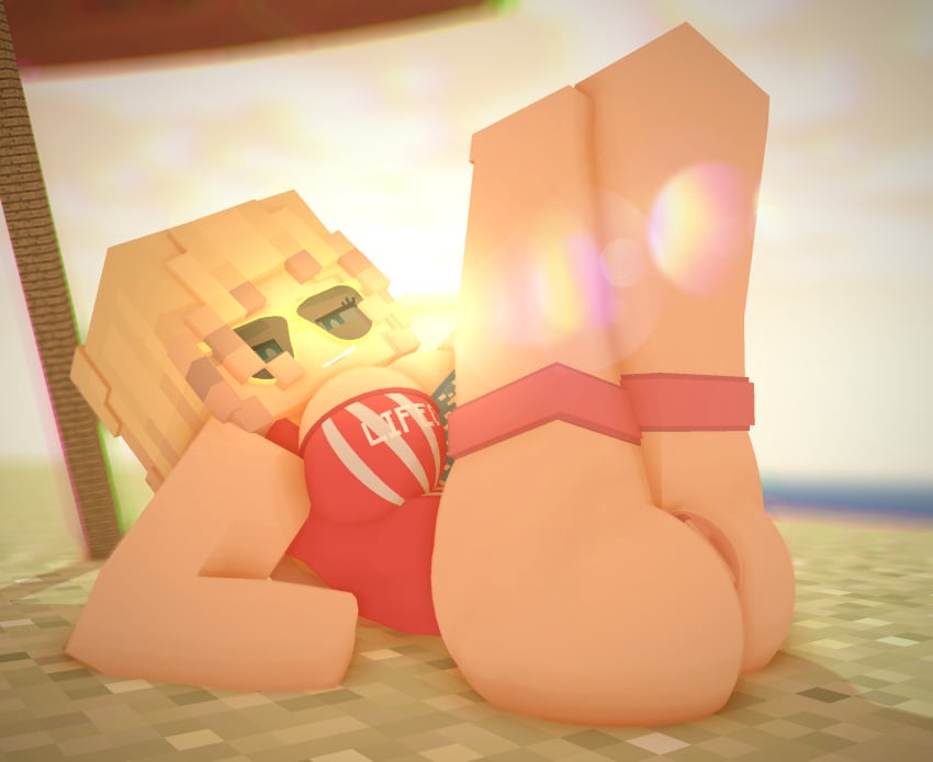 1girls 3d beach blonde_hair clothed clothing cuteskyler female female_only lifting_leg looking_at_viewer merica_(cuteskyler) mine-imator minecraft on_back one-piece_swimsuit sand solo solo_female sunglasses wearing_sunglasses