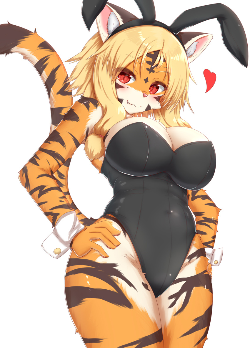 <3 2021 5_fingers accessory anthro big_breasts blonde_hair blush breasts brown_body brown_fur cleavage clothed clothing costume cute_fangs digital_drawing_(artwork) eyebrows facial_markings fake_ears fake_rabbit_ears felid female female_only fingers fur hair hair_accessory hair_tie hands_on_hips head_markings hi_res horokusa0519 inner_ear_fluff kemono leotard lingerie long_hair mammal markings multicolored_body multicolored_ears multicolored_fur multicolored_tail navel orange_body orange_fur pantherine pink_nose playboy_bunny portrait pupils red_eyes shirt_cuffs simple_background slit_pupils solo solo_female tagme teddy_(clothing) three-quarter_portrait tiger tight_clothing tora-chan_(horokusa) tuft white_background white_body white_fur wide_hips