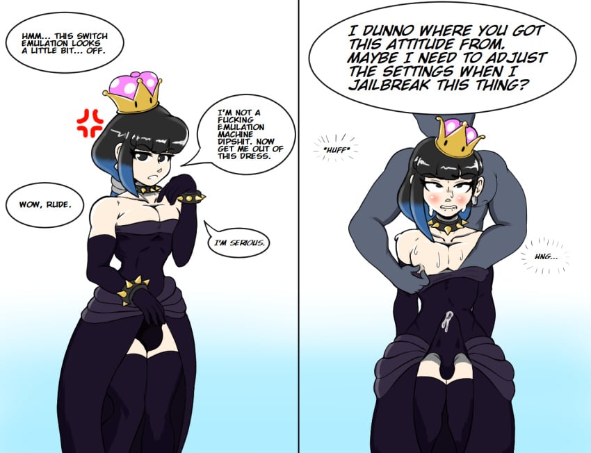 /ctt/ 1boy 1femboy before_and_after black_eyes blue_hair bowsette_(cosplay) bulge clothed clothed_masturbation console-tan crown ddaabbs dress ejaculation ejaculation_under_clothes faceless_male femboy hung_femboy male_on_femboy male_on_trap male_only mario_(series) new_super_mario_bros._u_deluxe nipple_pinch nipple_play steam_deck steam_deck-tan trap valve valve_(company) valve_steam_deck