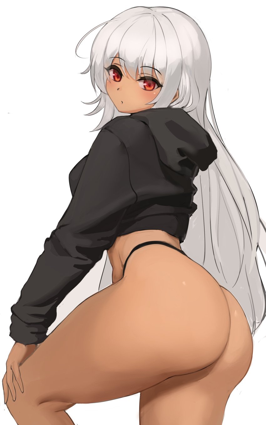 1girls 2022 absurdres ass b-pang bangs black_hoodie black_sweater blush breasts cropped_hoodie dancing_archer_tinia_(guardian_tales) dark-skinned_female dark_skin female female_focus female_only from_behind from_side guardian_tales highleg highleg_panties highres hood hooded_sweater hoodie large_breasts long_hair long_sleeves looking_at_viewer looking_back panties red_eyes solo solo_female sweater thighs thong tinia_(guardian_tales) underwear white_hair