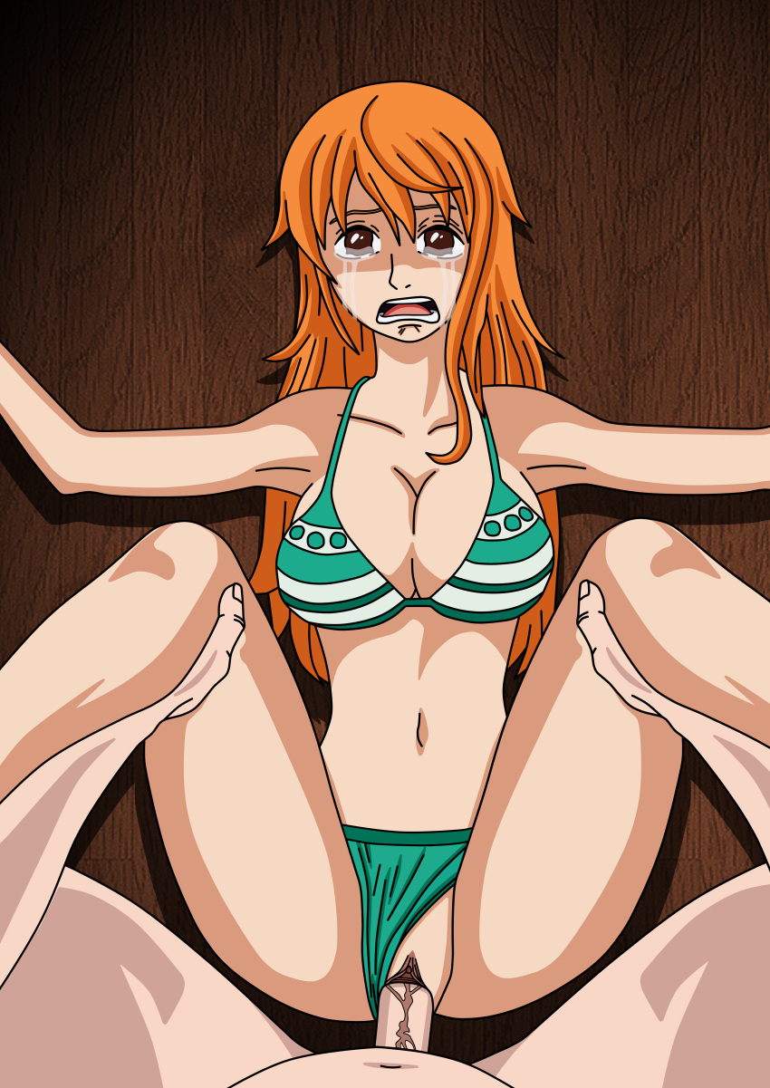 bikini clothed_rape crying demiurge666 female forced long_hair male nami on_back one_piece orange_hair panties_aside pov rape screaming spread_legs striped_bikini tears