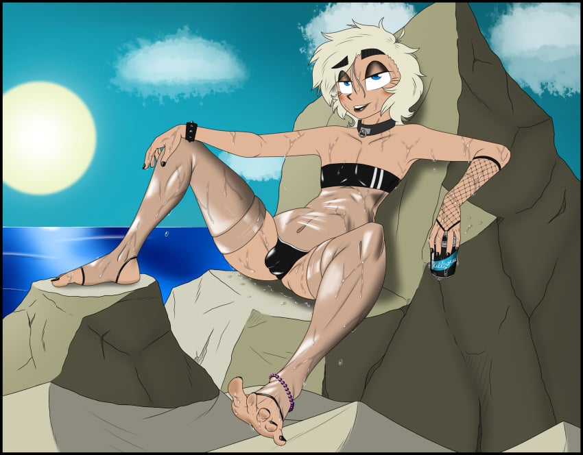 anklet beach black_lipstick blonde_hair collar drink eyeshadow femboy fishnet fishnet_gloves gris_swimsuit human lipstick lyn_hofton lyn_hofton_(madkrayzdave) madkrayzydave_(artist) makeup spiked_bracelet swimsuit translucent_clothing trap water wet wet_body wet_clothes