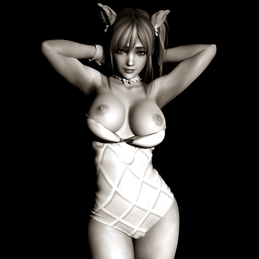 1girls 3d animal_ears areolae black_and_white breasts cat_ears choker clothed clothing dead_or_alive female female_only furry_ears gloves hands_behind_head honoka_(doa) leotard looking_at_viewer monochrome mugfuy pink_eyes ponytail side_ponytail solo standing wardrobe_malfunction