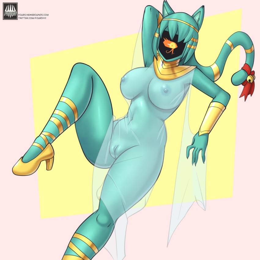 1_eye 2d accessory animal_humanoid armpits auntie_nyan_nyan blue-skinned_female blue_skin cat_humanoid clothing cthulhu_mythos domestic_cat felid felid_humanoid feline feline_humanoid felis female fours_(artist) green_body green_skin h.p._lovecraft hair_accessory hair_ribbon hairbow hand_behind_head hi_res high_heels humanoid jewelry mammal mammal_humanoid nyanlathotep pussy ribbons solo sucker_for_love translucent translucent_clothing