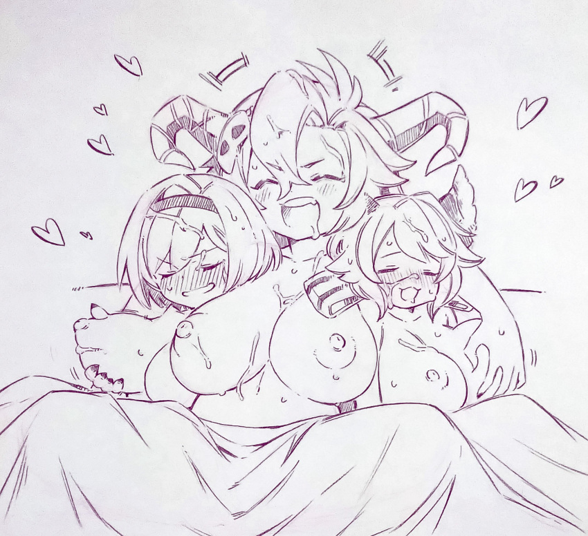 3girls :d ^_^ blush breast_grab breasts closed_eyes commentary_request cum cum_on_body cum_on_breasts cum_on_hair djeeta_(granblue_fantasy) draph eyebrows_visible_through_hair fediel_(granblue_fantasy) grabbing granblue_fantasy hair_between_eyes hair_ornament heart highres horns large_breasts monochrome multiple_girls nipples satyr_(granblue_fantasy) short_hair skull_hair_ornament smile traditional_media tsukareta_san yuri