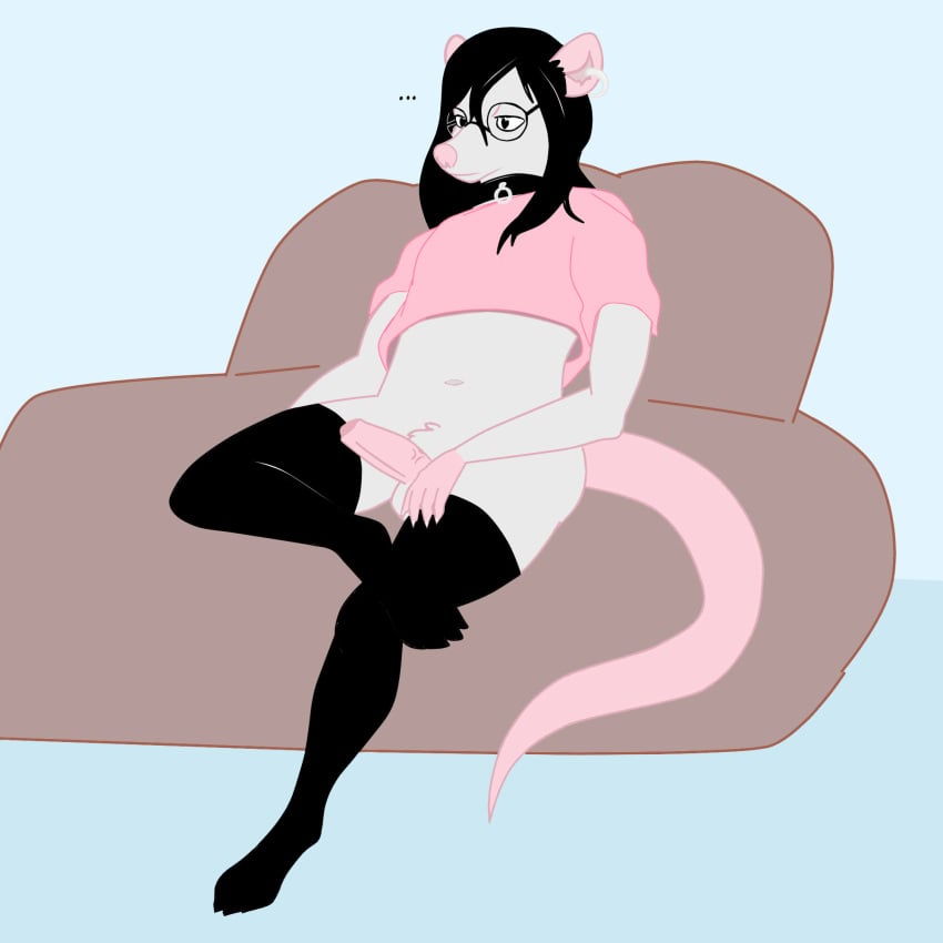 1:1 anthro balls black_hair choker clothing dibillboard didelphid eyewear fur furniture genitals glasses grey_body grey_fur hair hi_res jewelry legwear male male_only mammal marsupial navel necklace paws penis simple_background sketch slightly_chubby sofa solo stockings tired virginia_opossum