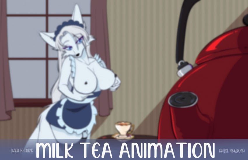 animal_ears animal_tail animated anthro beverage blush bodily_fluids breast_squeeze breasts clothing frilly furry hair iced_latte_with_breast_milk lactating legwear long_hair maid_uniform meme milk milky monster_girl mother moving nipples parent slim tea thigh_highs uniform