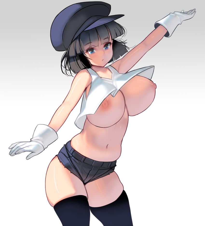 big_breasts black_hair black_legwear black_thighhighs blue_eyes bob_cut booty_shorts crop_top female female_only gloves hat headwear hotpants huge_breasts masao no_bra original short_hair short_shorts shorts solo tank_top thick_thighs thighhighs white_gloves zettai_ryouiki