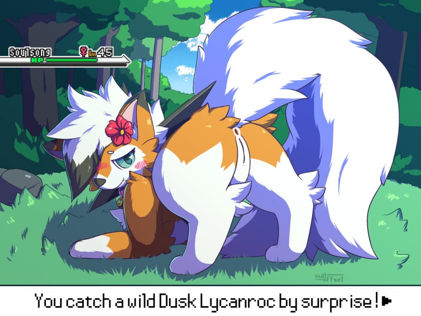 anus aroused ass ass_up blush collar dialogue_box digitigrade dusk_lycanroc english_text female feral flower forest forest_background fur furry furry_only gameplay_mechanics genitals green_eyes hi_res humanoid_genitalia inviting looking_at_viewer looking_back lycanroc naked nature nature_background nintendo nude nulloffset orange_body orange_fur outside plant pokémon_(species) pokemon pokemon_only presenting presenting_anus presenting_hindquarters presenting_pussy pussy shy solo solo_focus soulsong_(celestial_wolf) tail text tree user_interface video_games white_body white_fur