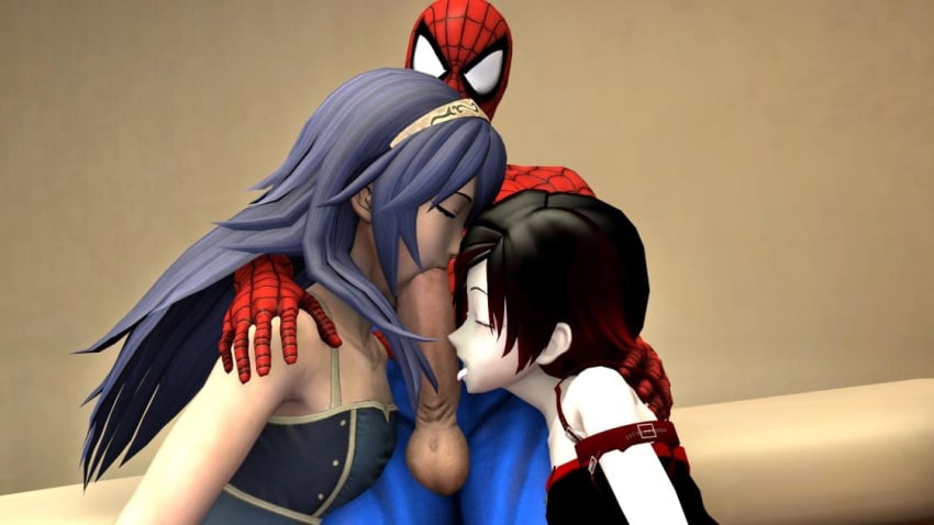 1boy 2girls1boy 3d blowjob bodysuit closed_eyes collaborative_fellatio crossover double_blowjob eastern_and_western_character fellatio female fire_emblem fire_emblem_awakening licking_penis loverlassysponk lucina_(fire_emblem) male marvel marvel_comics masked masked_male muscular_thighs nintendo oral penis penis_lick rooster_teeth ruby_rose rwby spider-man spider-man_(series) straight_hair sucking_testicles superhero