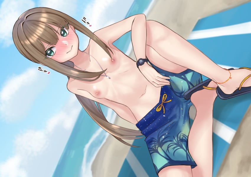 absurdres anklet arm_rest bangs beach beach_towel blue_shorts blush breasts brown_hair closed_mouth cloud crossdressing crossdressing_female day drawstring dutch_angle exhibitionism female flip-flops full-face_blush fypuita green_eyes green_eyes_female hair_between_eyes hair_over_one_eye heart highres idolmaster idolmaster_cinderella_girls jewelry knee_up light_brown_hair long_brown_hair long_hair long_hair_female long_taglist male_swimwear male_swimwear_challenge mens_swimsuit_challenge navel necklace nervous nipples ocean outdoors ponytail public_indecency public_topless sandals shibuya_rin shorts sidelocks sitting sky small_breasts smile solo swim_trunks topless towel translated very_long_hair waist_length_hair watch wristwatch