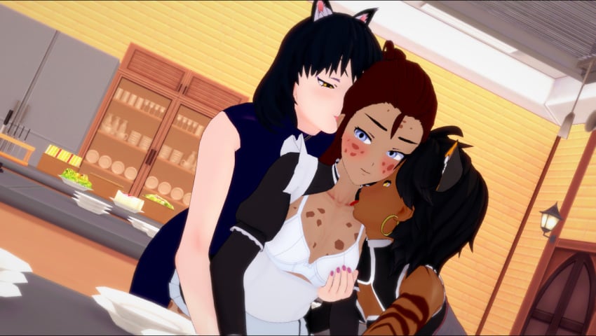 2022 3d 3girls black_hair blake_belladonna cat_ears catgirl cupping_breast faunus ilia_amitola koikatsu licking_neck maid_uniform muffin_fox9 rwby sienna_khan yuri