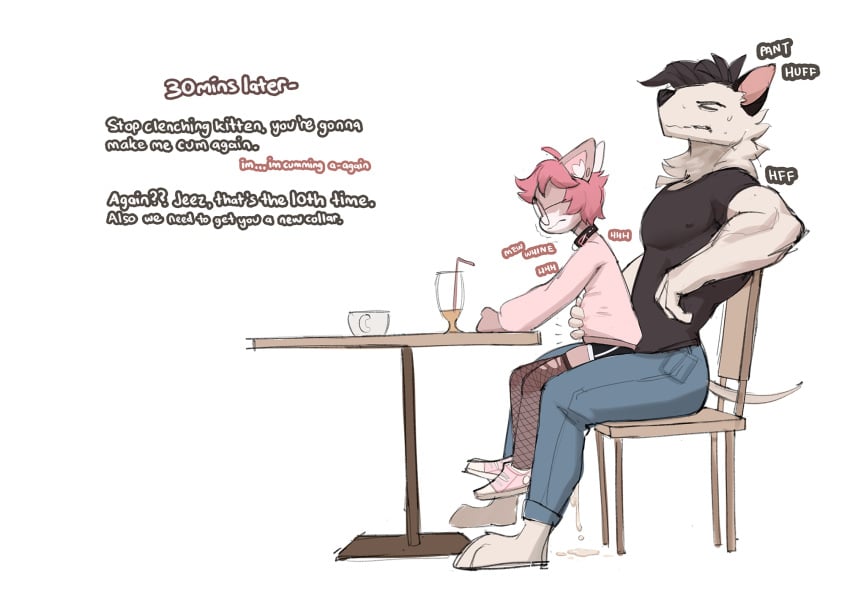 anthro big_belly bodily_fluids canid canine canis clothed clothing collar comic cum dialogue domestic_cat duo eyewear felid feline felis femboy fishnet fishnet_legwear fizzykity fur genital_fluids glasses hair hi_res knotting leaking_cum leggings legwear male male/male male_only mammal mia_(fizzykity) milkshake nonbinary peable piercing simple_background stealth_sex text torn_clothing torn_leggings torn_legwear transfem wolf